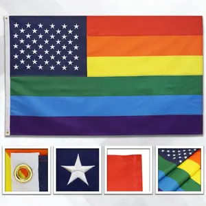 3x5ft Stripe Rainbow US Stars Embroidered Flag - Brass-Accented, 4-Stitched Banner for Home, Festive Supplies