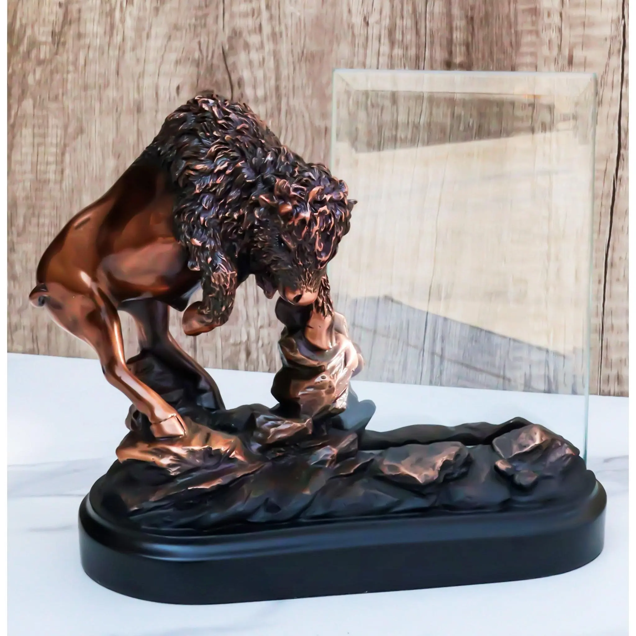 Bronzed Native American Bison Buffalo Sculpture - 6x4in Photo Frame, Nature Home Decor Statue, Ideal Gift for Home Supplies Enthusiasts