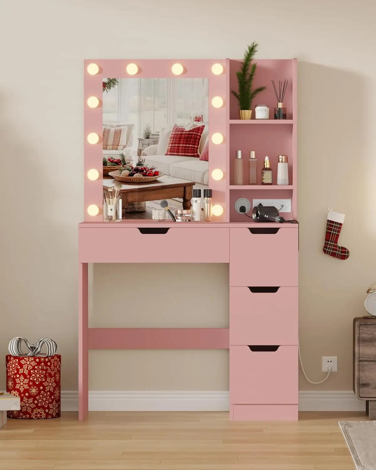 Gaomon Blush Pink Lighted Vanity Desk with Mirror - Adjustable LED Lighting, 4 Storage Drawers, Built-in Power Outlet & USB Port, Anti-Tip Base, Sturdy Frame, Indoor Bedroom Furniture Set