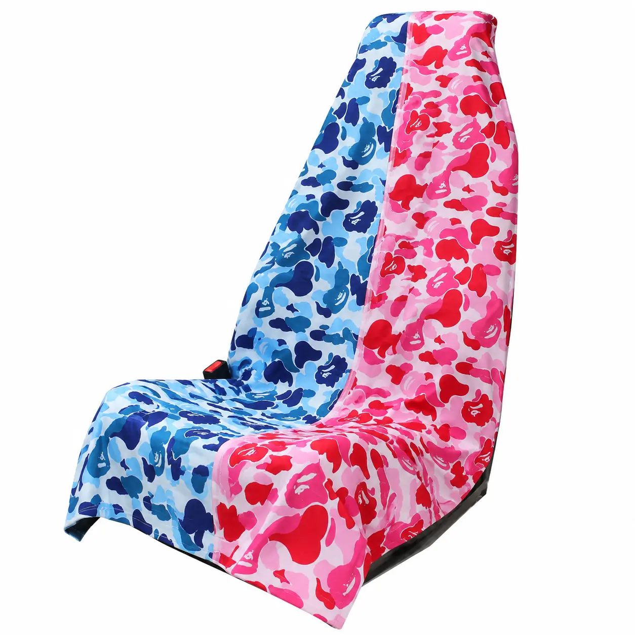BAPE ABC Camo Inspired Split Pink Blue Car Seat Cover Towel w/ Snaps – Universal Waterproof Seat Protector, Quick Dry Beach Towel Cover for Cars, SUVs, Trucks, Surf, Gym & Travel