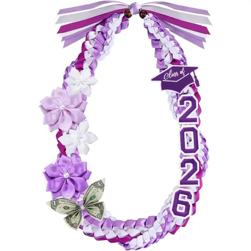 50'' 2026 Graduation Lei Double Braided Strands Graduation Ribbon Leis with 4 Satin Flowers Congrats Graduates Money Leis Class of 2026 Gift for Men Women