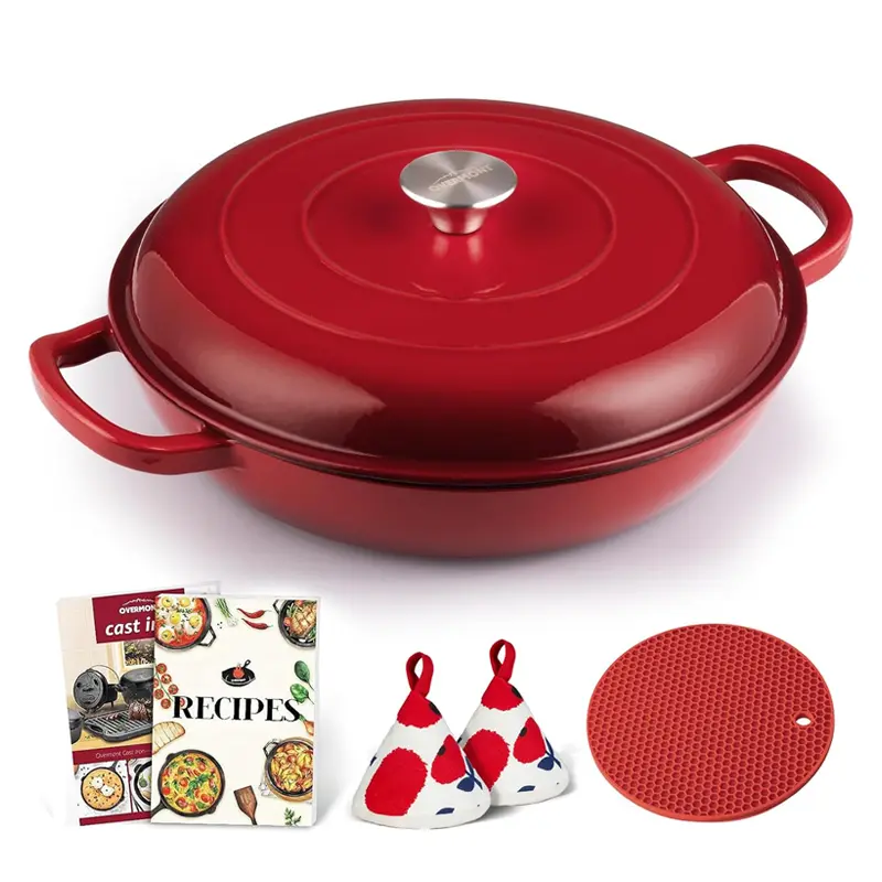 Overmont Induction-Compatible Enameled Cast Iron Dutch Oven Cookware - 3.8 Qt Pot with Lid, Shallow Braising Pan, Casserole, Cookbook, Heat-Resistant Caps, Oven Safe up to 500°F
