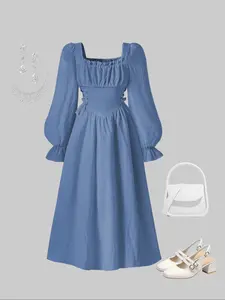 Girls Square Neck Long Sleeve Solid Colored Dress with Ruffle Waist Design, Adjustable Fit for Sweet Elegance, Ideal for Daily Outings & Vacations