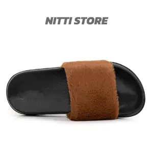 Nitti Store Women's Slides Short Faux Fur Open Toe Fuzzy Slippers Comfort EVA Flat Sandals for Outdoor Indoor Spring Autumn Winter
