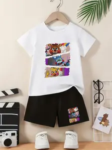 Five Nights At Freddy's Printed Graphic Print Set Children's Junior Clothing Set - Summer Trend Student Casual Short-Sleeved Short Pants Two-Piece Set - Suitable For Both Home And Outdoor Use #Essential For School# As A Gift