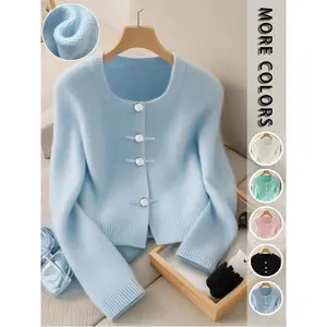 Elegant women’s knit cardigan, blue blazer with round neck, casual fitted style, perfect for fall and winter, suitable for single wear or layering