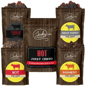 4 pc. Hot Beef Jerky Combo Pack - Experience Hot Beef Jerky, Habanero Beef Jerky, Ghost Pepper Beef Jerky, and Extra Spicy Carolina Reaper Beef Jerky - Assorted Variety of Fuego Beef Jerky Super Spicy - Healthy Snack Food for Spicy Food Lovers - 10 oz.
