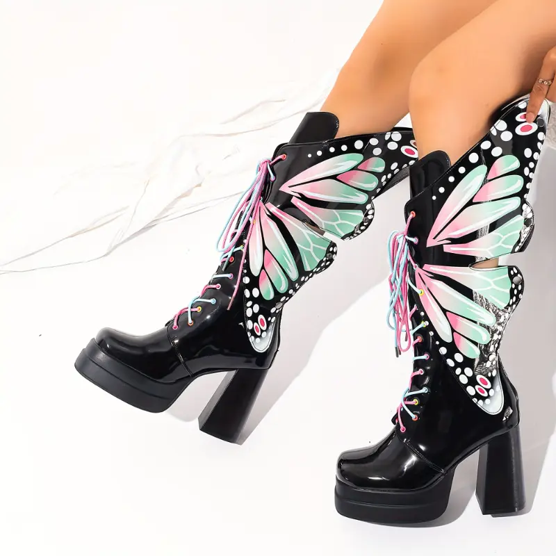 Chunky Platform Boots for Women, Glossy Floral Print Western PU Booties with a Casual Round Toe, High Block Heel, and Non-Slip Rubber Sole