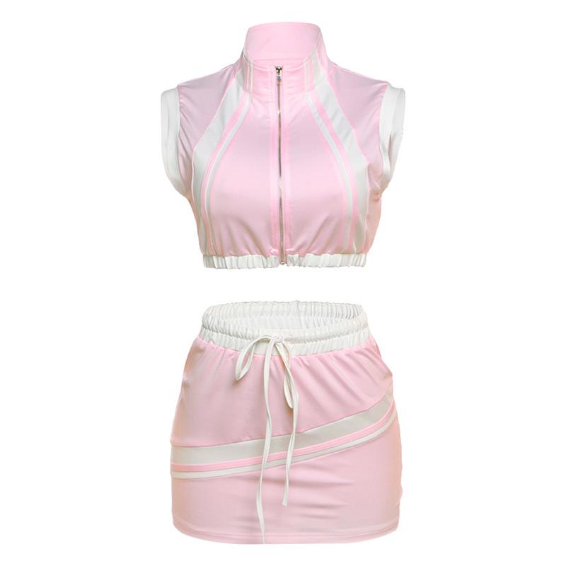 Women's Sexy Cropped Zip Top Slim-Fit Hip-Wrapped Short Dress Suit Women Clothes Womenswear Sleeveless Casual Memphis Short Suit for Women vest Gamis Black