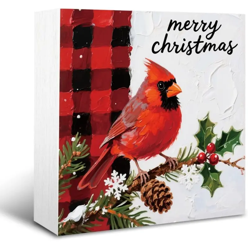 Christmas decorative sign, wooden boxed decorative sign, Christmas decoration, living room table decoration, dining table decorative artwork, inspirational gift for friends or family, 5x5 inches Christmas Cardinal
