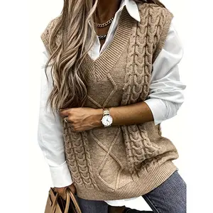 Plus size solid cable knit sweater vest casual cap sleeve V neck vest WOMEN'S plus size clothing