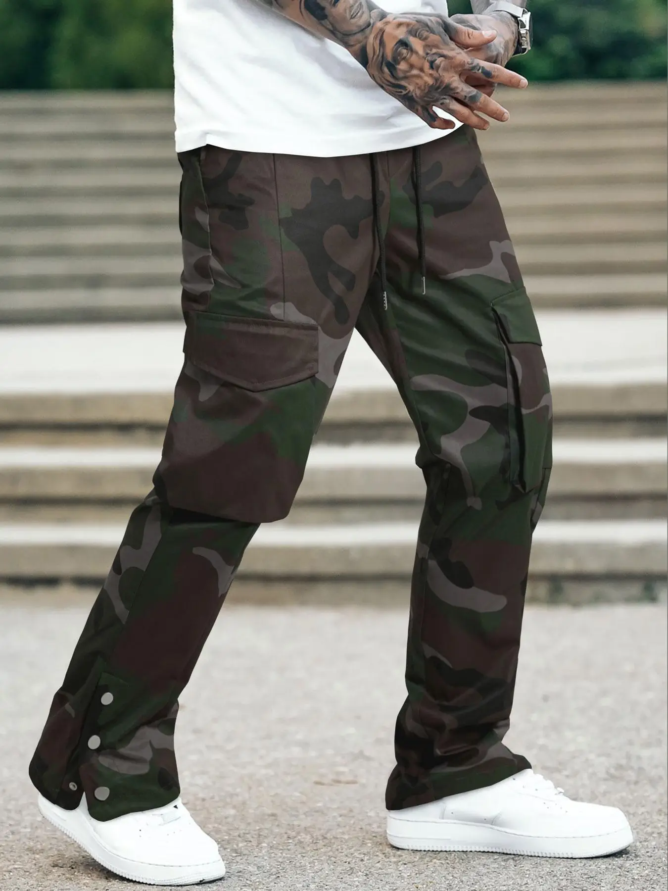 Men's Camo Print Drawstring Waist Cargo Pants, Street Fashion Streetwear Casual Loose Flap Pocket Straight Leg Trousers for Men, Loose Fit Mens Clothi