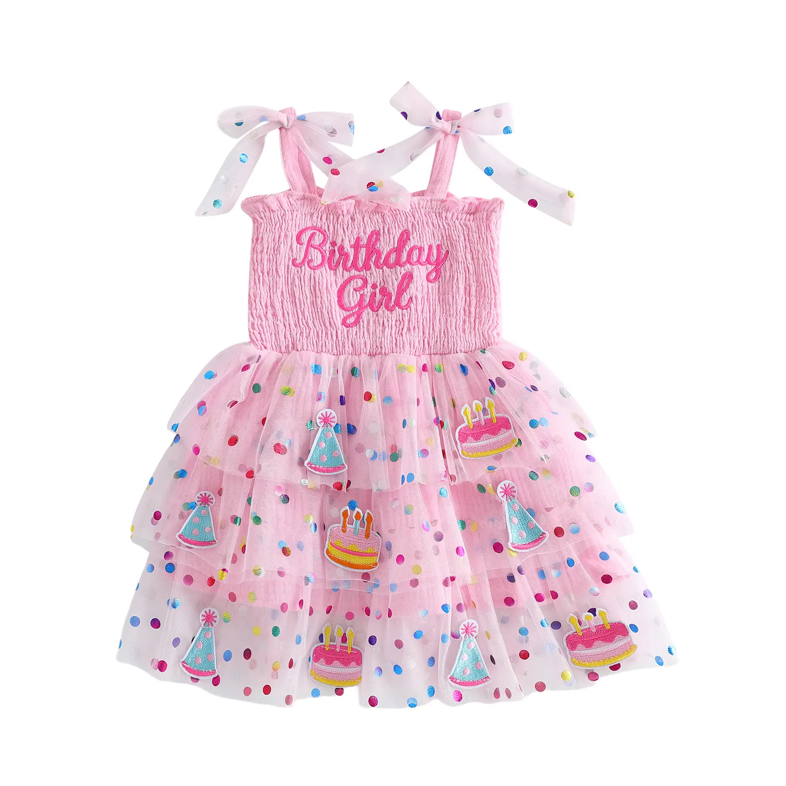 Toddler Baby Little Girl Birthday Dress A Line Letter Cake Candle Dot Pattern Smocked Flying Sleeve Layered Mesh Dress 1-5 Years