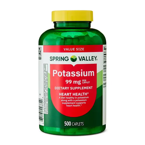 Spring Valley Pure Potassium Caplets Dietary Supplement - 99 mg, 500 Caps Value Size, Muscle Support, Heart Support, Prop 65 Safe