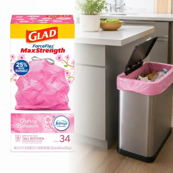 Glad 13 Gal. ForceFlex MaxStrength Tall Kitchen Drawstring Cherry Blossom with Febreze Pink Trash Bags (34-Count), Leak Proof Kitchen Bags, Cherry Blossom Scent, Reinforced Bottom Trash Bags, Grips The Can Drawstring, 13 Gallon Tall Kitchen Bags Household