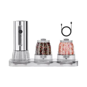 Electric Salt and Pepper Grinder Set, Type C Rechargeable, LED Light & 200ml large-Capacity, Stepless Grind Adjustment Kitchen Seasoning Kitchenware Home Utensils Containers Ceramic Jar Spice Transparent Canister