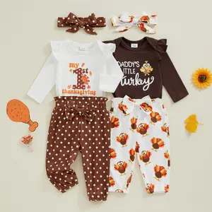 My 1st Thanksgiving Baby Girl Outfit Letter Long Sleeve Romper Bodysuit Turkey Pants Set Cute Newborn Fall Winter Clothes