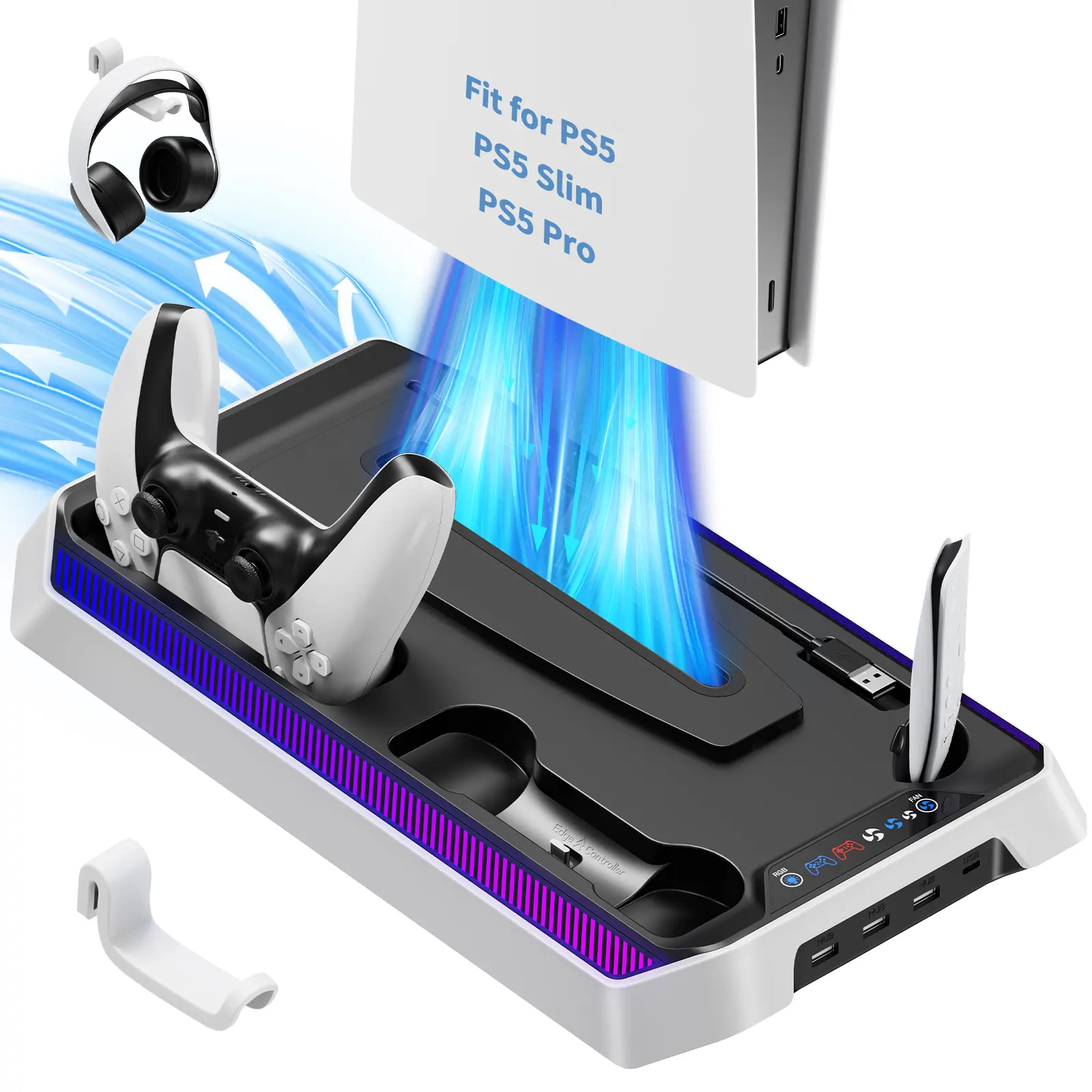 JORREP PS5 Cooling & Charging Station with RGB Lighting, 3 Fan Speeds, 3 USB Ports, Type C Support, Compatible with PS5/Slim/Pro, Remote & Controller Charger