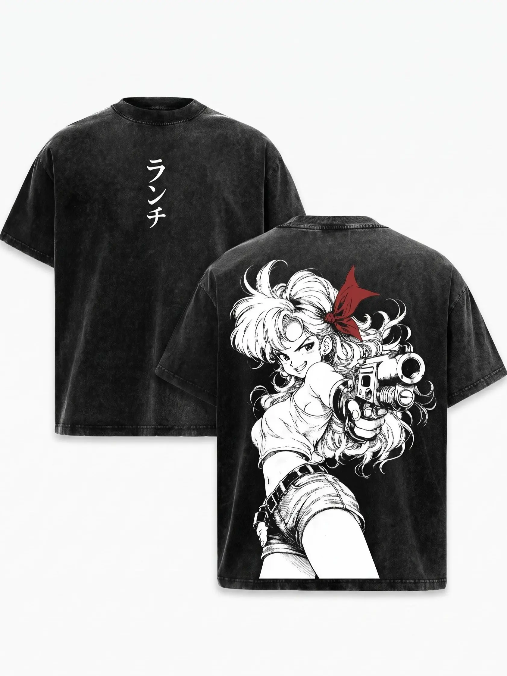 Launch Lunch Anime T Shirt Vintage Washed Graphic Tee Dragon Ball Inspired Oversized Japanese Streetwear Y2K Back Print Black Unisex Casual Shirt