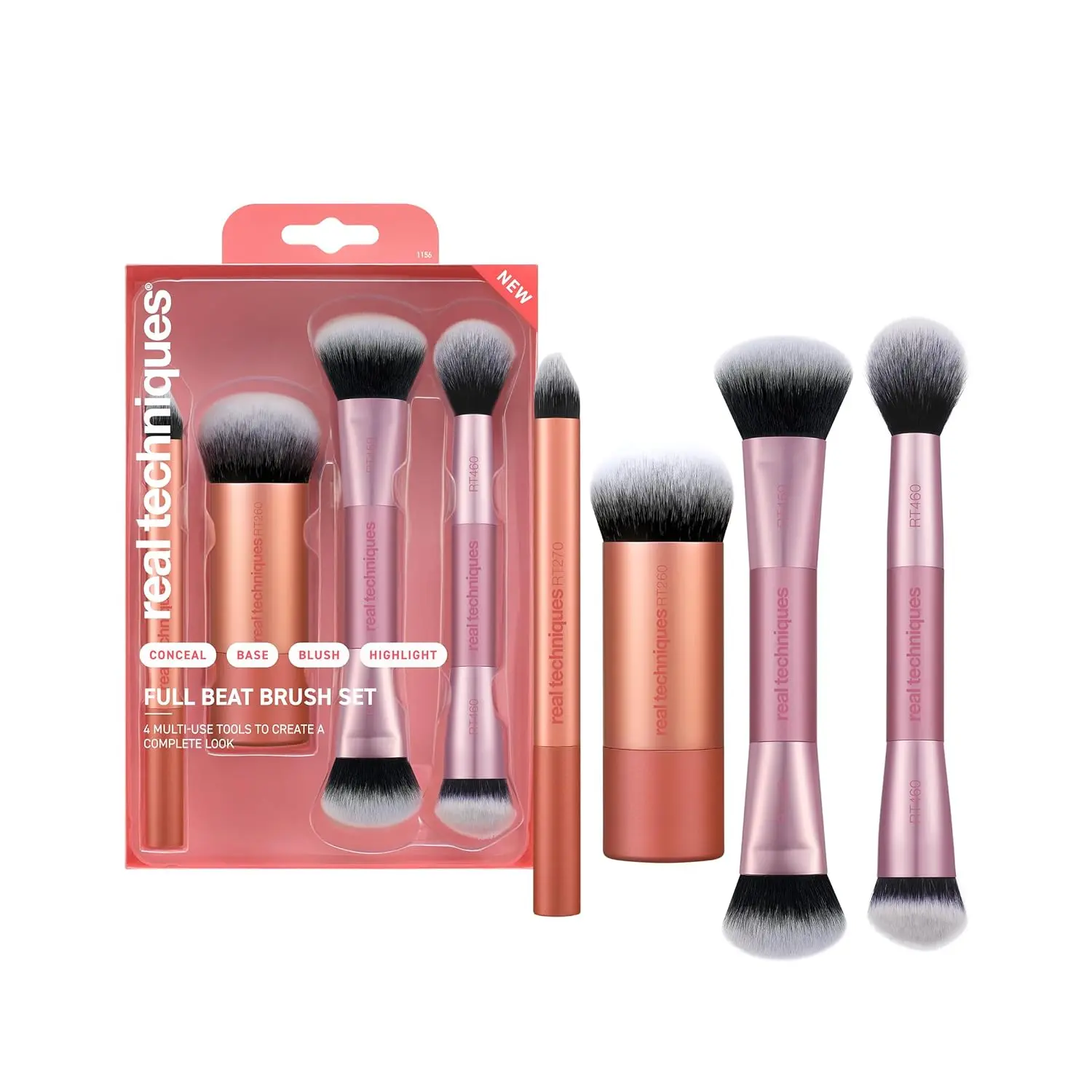 Real Techniques Full Beat Makeup Brush Set, 4-Piece Brush Kit | Travel-ready glam, travel makeup brush set, makeup brush kit, concealer, contour