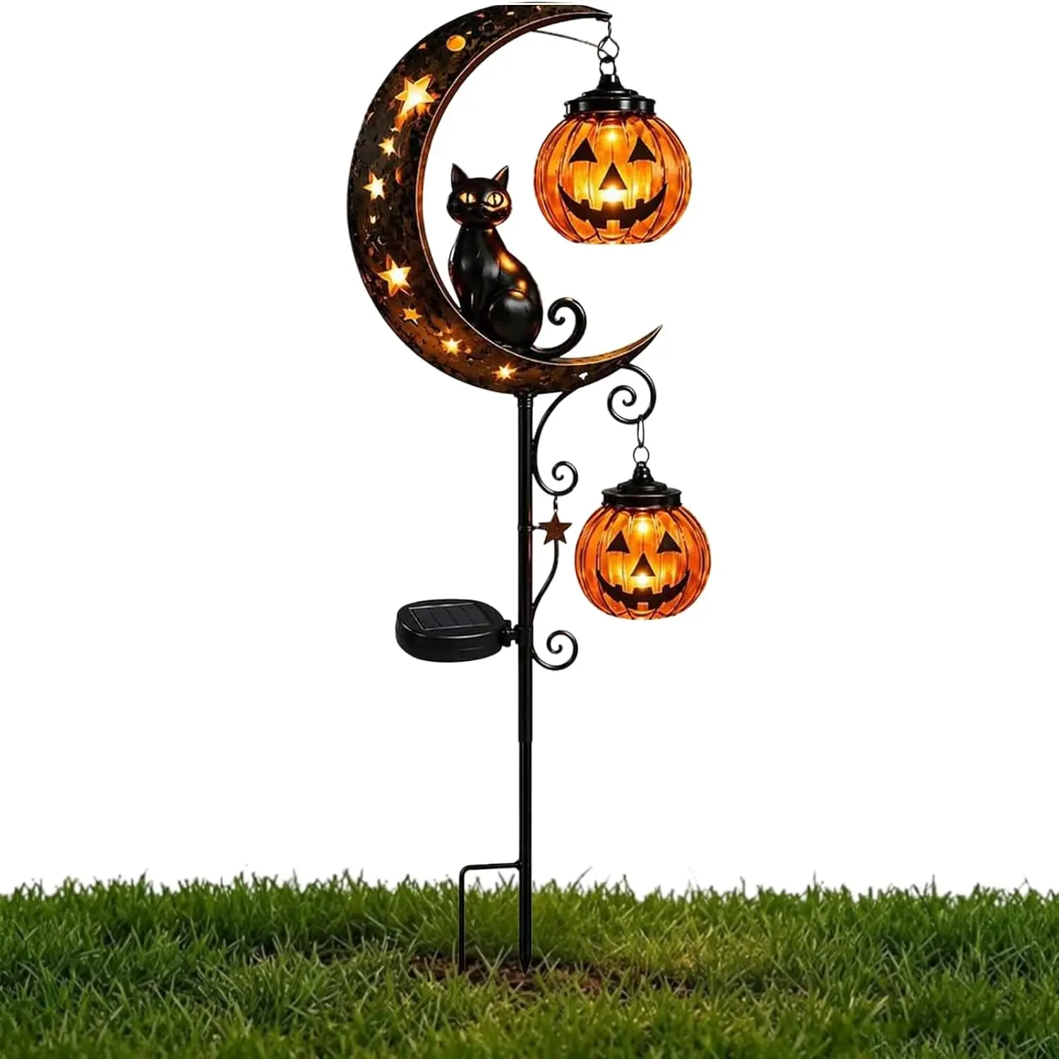 Solar Halloween Garden Stake Light｜Black Cat Crescent Moon with Hanging Jack‑o‑Lantern, Waterproof LED Outdoor Yard Patio Lawn Halloween Decor