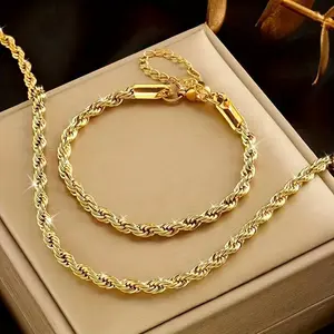 2pcs 304 Stainless Steel 18K Golden Plated-plated Twisted Rope Golden Design Necklace and Bracelet Set, Vintage and Minimalist Style, Unisex