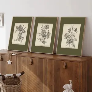 3pcs Vintage Floral Sketch Mouse Mint Antique Art Plant Wall Decor, Wooden Frame Classical Elegance Living Room Decoration, Vintage Rose Print