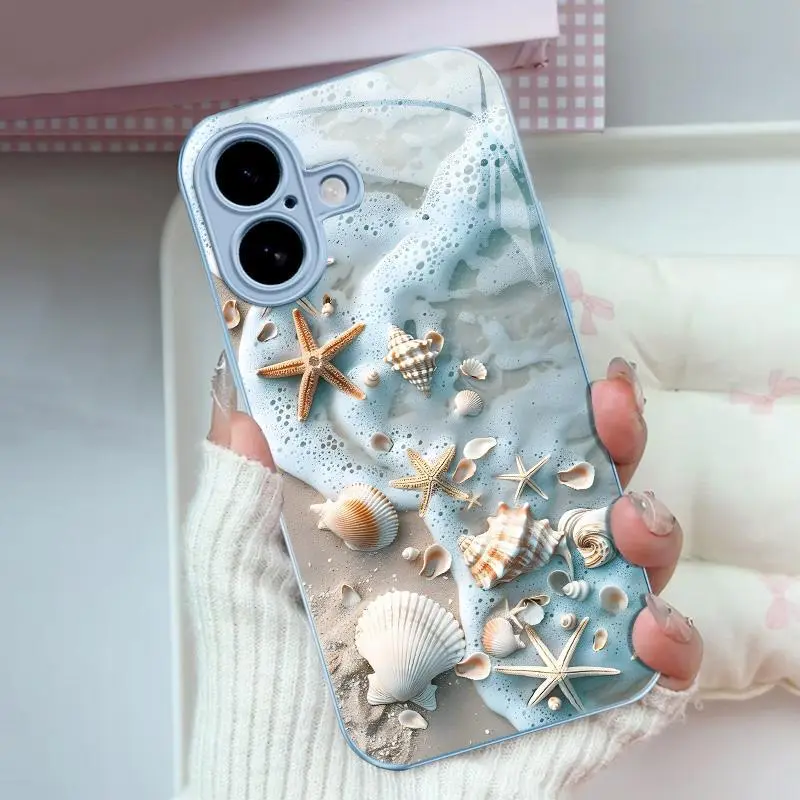 Summer Beach Vibe: Seashell & Starfish Phone Case — Shockproof Glossy Cover for 【iPhone 16】666