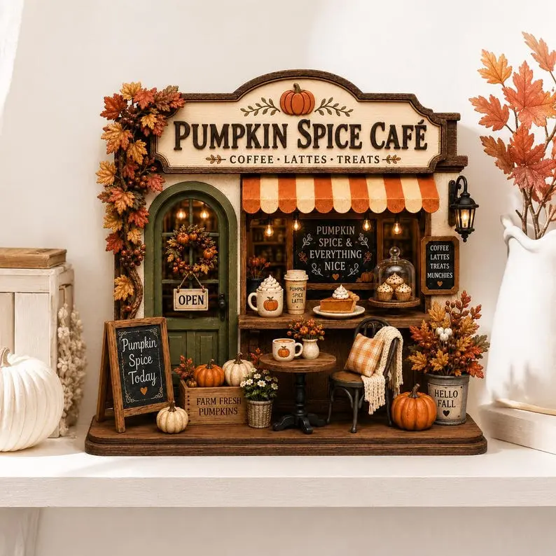 Pumpkin Spice Café 2D Wooden Block, Fall Coffee Bar Decor, Autumn Cafe Farmhouse Decor, Pumpkin Latte Shelf Decor, Thanksgiving Gift, Coffee Lover, Vintage Halloween Decor 2026, Fall Decor 2026