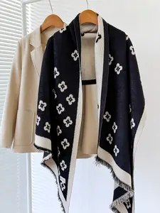 Women's Floral Pattern Faux Wool Scarf, Warm Casual Soft Shawl for Fall & Winter, Modern Fashion Accessory for Daily Wear, Floral Print Scarf