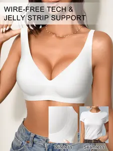 Women's Simple Comfort Plain Color Seamless Push-Up No Wire Removable Pads Sexy Deep V Bra, Fitted Max Support Casual Style Seamless Wireless
