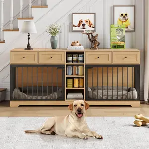 Garvee 82" Large Double Dog Crate Furniture for 2 Dogs, Heavy Duty Wooden Kennel with 4 Storage Drawers & Shelves, Multifunctional TV Stand Dog Bed for Medium & Large Breeds, Indoor Pet Enclosure with Removable Divider, Sturdy & Modern, Black/White
