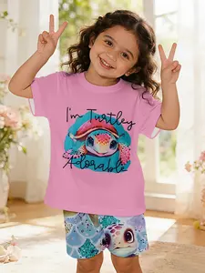 Cute Little Turtle Printed Toddler Girls Outfit, Digital Printed 100% Polyester Baby Girls Short Sleeve Set, Adorable Casual Clothing for Baby Girls, Suitable for Daily Wear and Outdoor Sports T-shirt, Perfect Gift for Infants and Toddlers