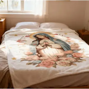 Warm Soft Blanket Travel Virgin Mary with Roses Bedding Throws Flannel Bedspread for Outdoor Street Trend Sofa Bed Cover