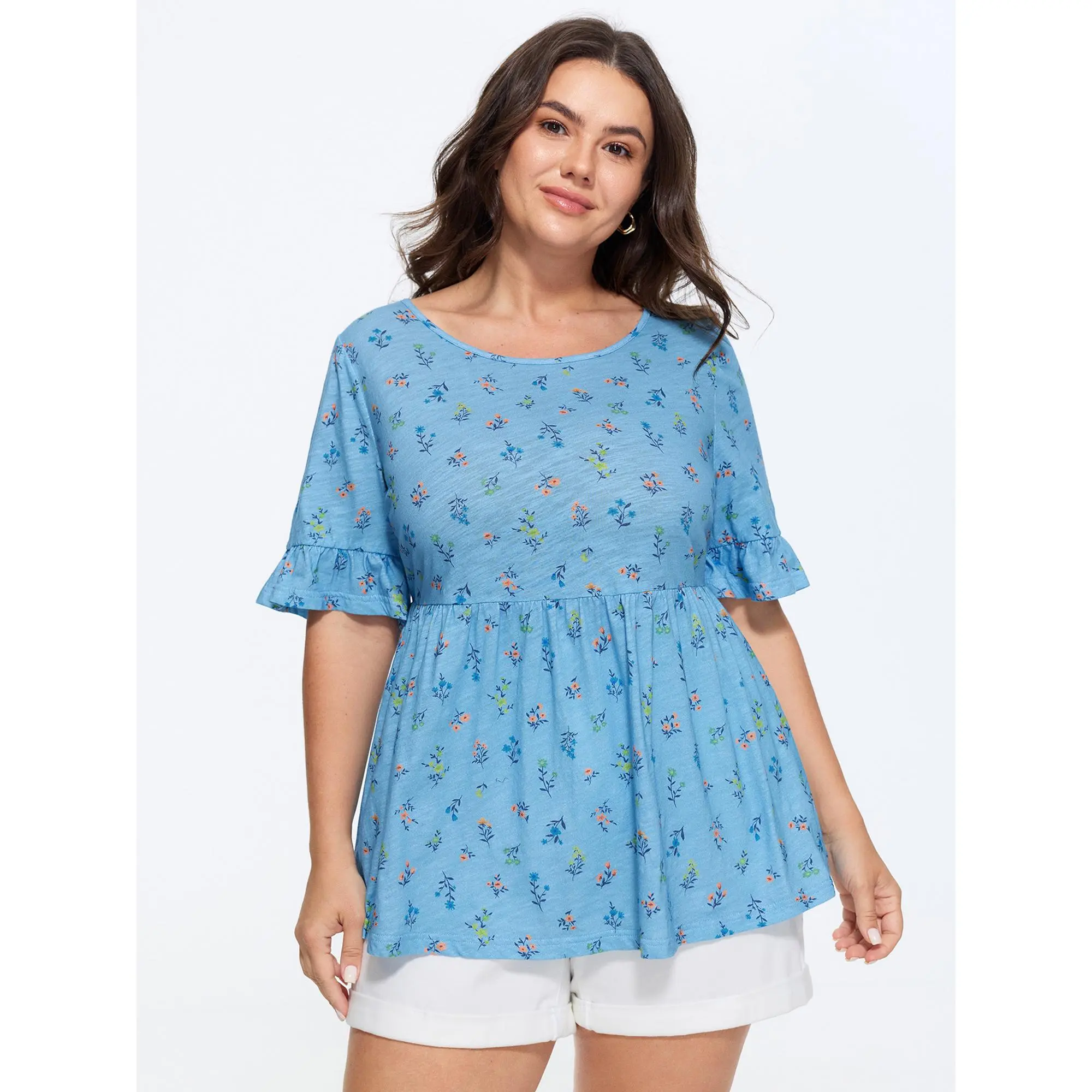 BLOOMCHIC Women's Plus Size Cotton Ditsy Floral Print Flutter Sleeve Ruffle T-Shirt [M-6X] for Back To School, Spotlight Day, Flutter Sleeve Women's T-Shirts