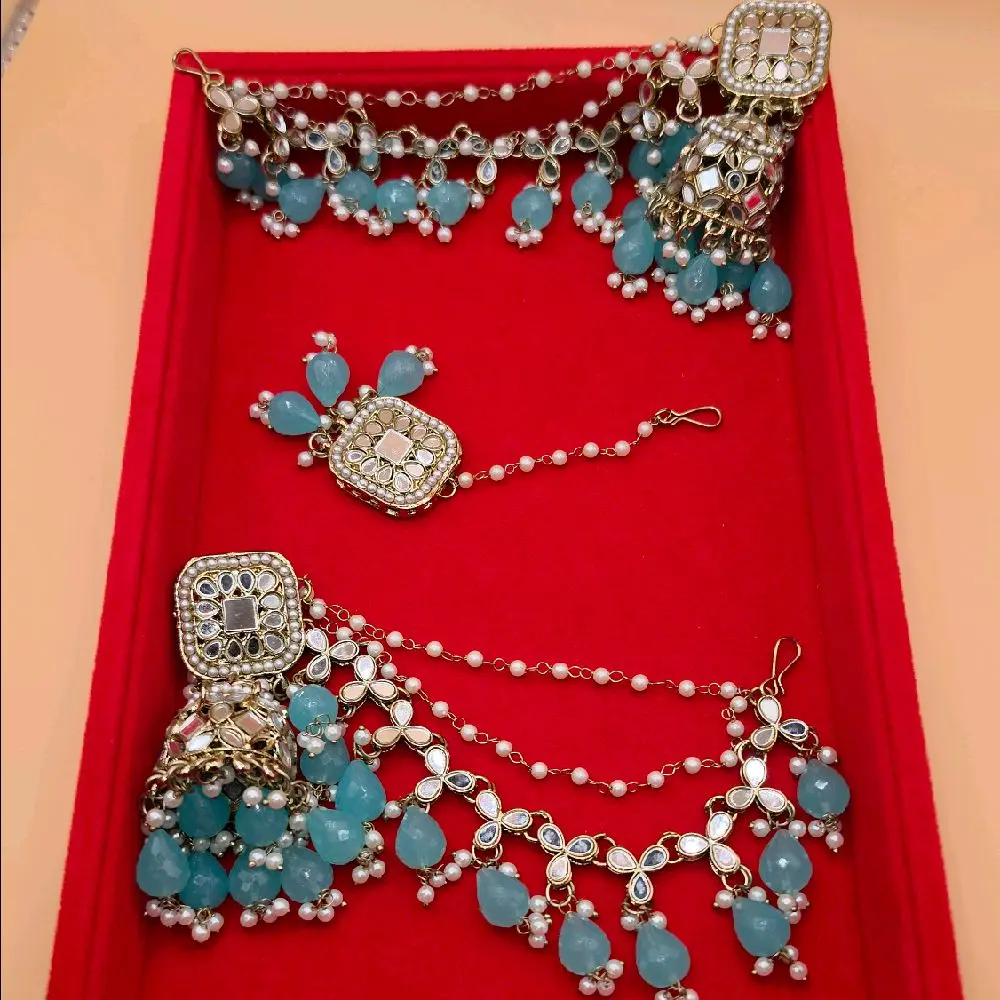 Mirror Shara Jhumka Earrings and Matching Tikka Set, Elegant sky blue Traditional Indian Jewelry for Women, Party Wear