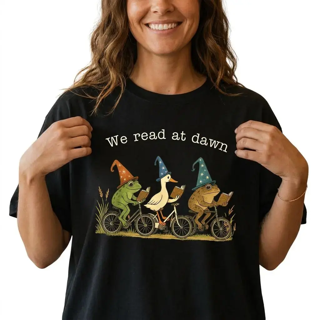 We Read At Dawn Book Lover Shirt Women Funny Frog Cottagecore Graphic Tee