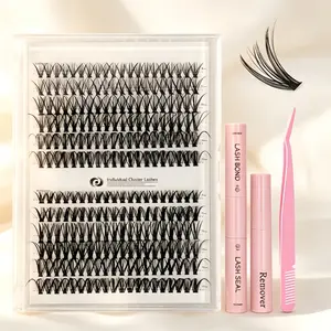 Personalized eyelash extension set with mixed lengths, including adhesive, sealant, remover, tweezers, and an eyelash curler; natural lashes designed specifically for women—professional eye makeup accessories.