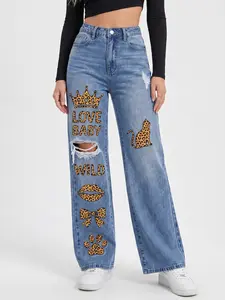 Y2K Leopard Print Wide Leg Jeans for Women, High Waisted Ripped Denim Pants with Crown Cat Graphic, Retro Baggy Streetwear Womenswear Bottom Pants Trouser Denim Streetwear