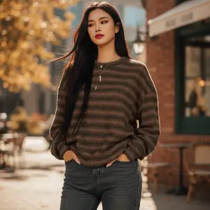 2026 Fall American Street Style Oversized Striped Crew Neck Sweater Forest Green Soft Chenille Spandex Cozy Breathable Medium Size for Women Teen Girls Long Sleeve Knitwear Fit Casual sweaters for women babydoll tops cardigan mockneck cardigans soft rib