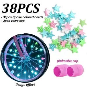 38pcs Glow-in-the-Dark Spoke Beads & Valve Caps - Glowable Star Wheel Nipples Suitable for Night Riding, Wheel Decoration, Holiday Gifts for Cyclists, for Types (No Color Coding Revision)
