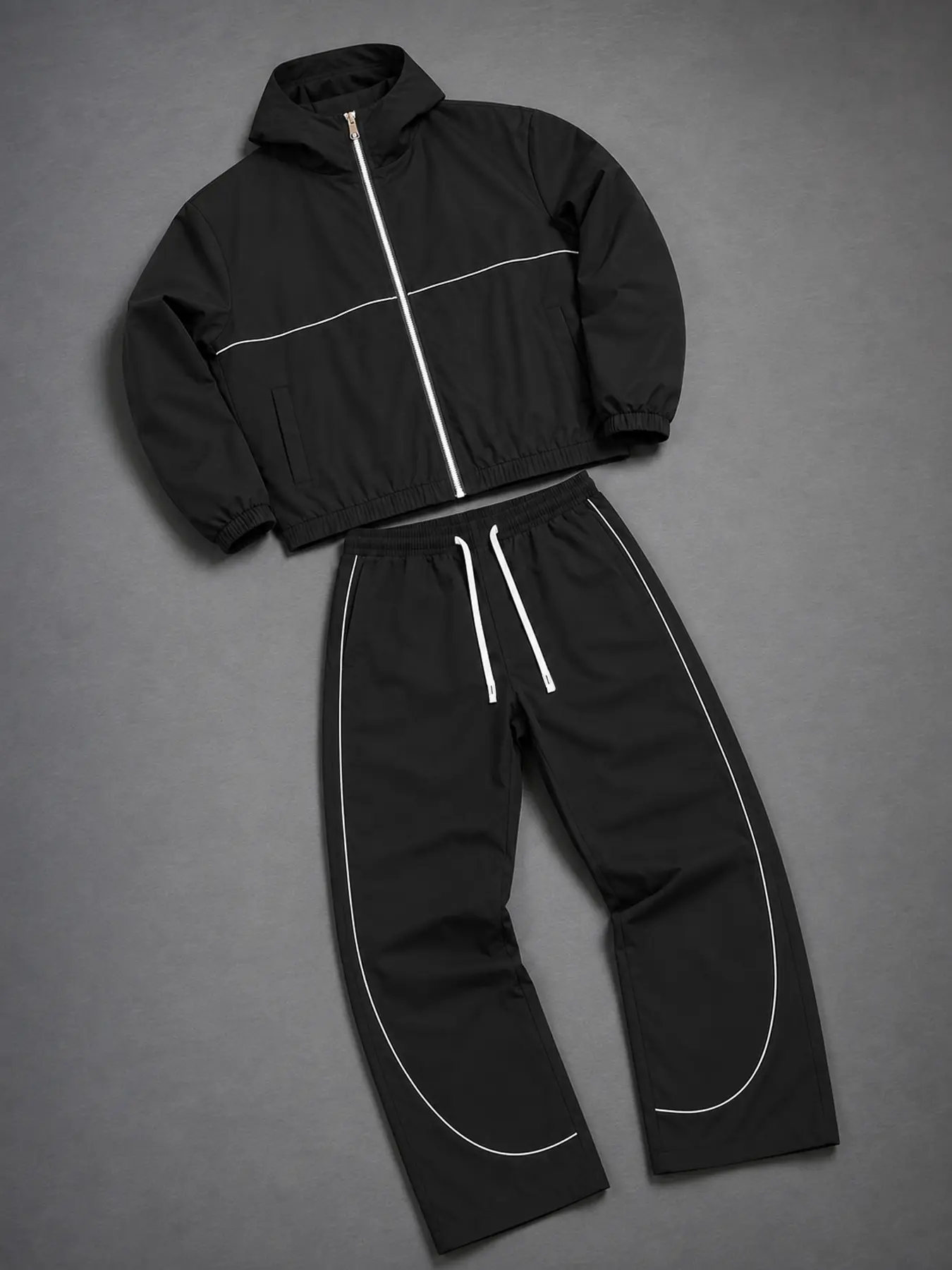 Men's 2-Piece Polyester Colorblock Hooded Athleisure Tracksuit Set - Black Base with White Line Detailing, Zip-Up Jacket, Wide-Leg Drawstring Pants with Elastic Hem, Ideal for Casual Sweatsuit Outfits