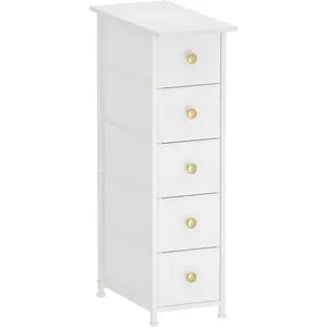 Narrow Dresser Cabinet Vertical Slim Dresser Chest of Drawers Skinny Storage Tower for Small Spaces Gaps Closet Bedroom Bathroom Small Fabric Drawer Unit (White, 5 Drawers)