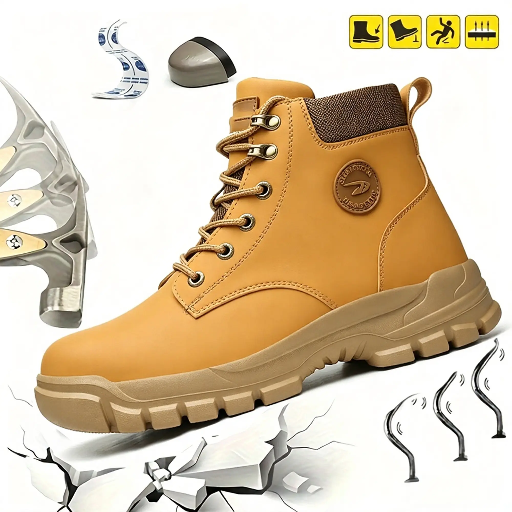 Men's safety work boots, anti smashing and puncture lightweight breathable and anti slip work shoes, brown