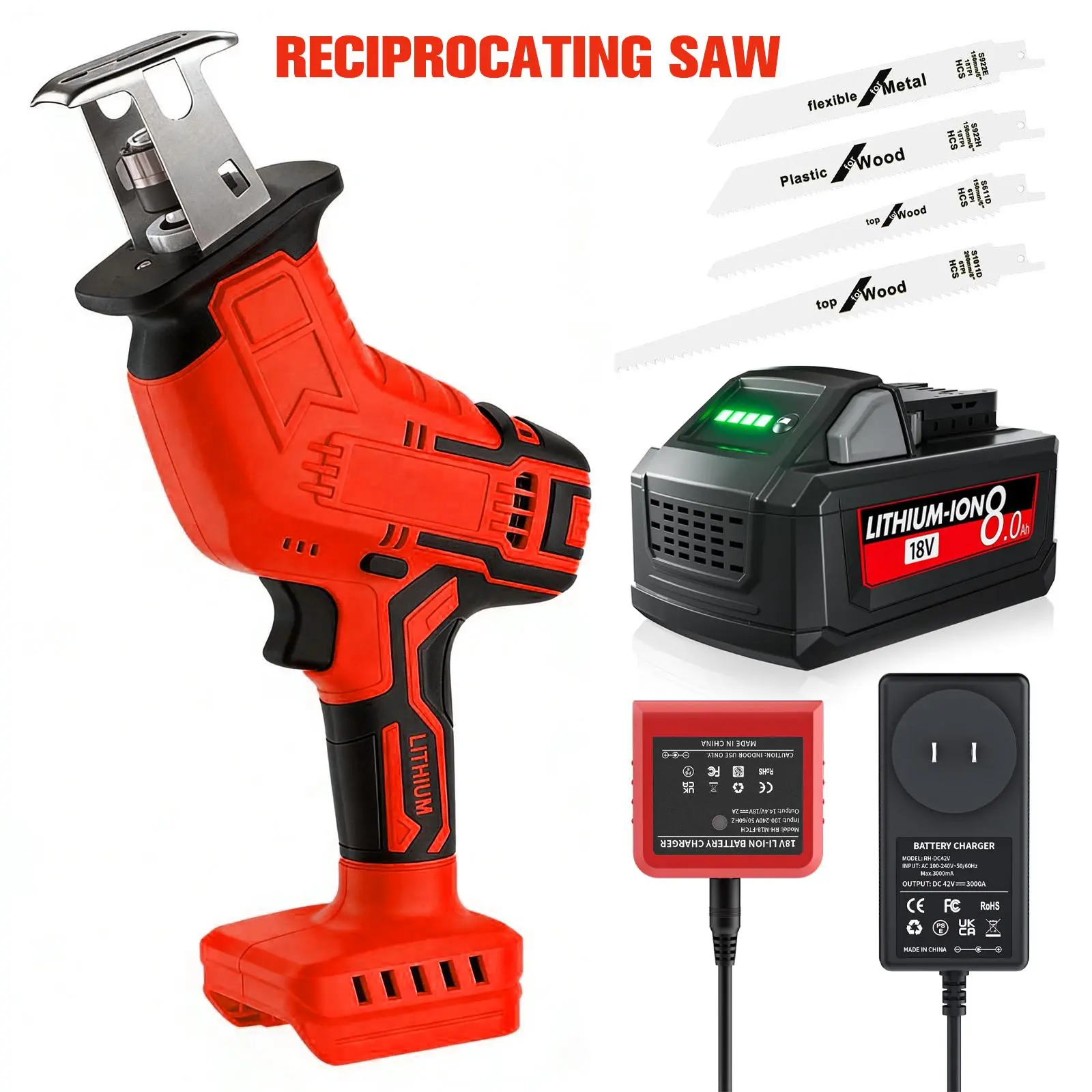 Reciprocating Saw One Handed Recip Kit  20V MAX Battery, 3 Variable Speed, Brushless Tool-Free Blade Change, 4 Saw Blades for Metal Wood PVC Cutting Cordless Handheld Saw Wood Cutter