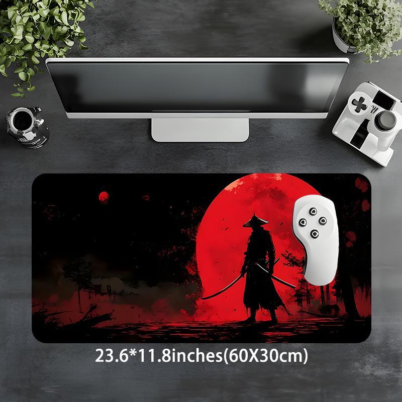 Samurai & Red Moon Pattern Mouse Pad, Rectangle Gaming Mouse Pad, Non-slip Rubber Base Keyboard Mat for Home Office Desk Accessories