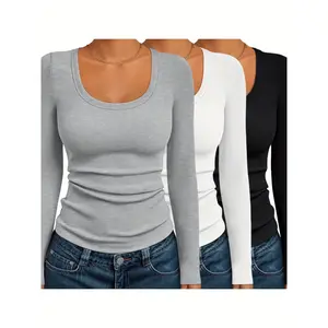 3pcs Women's Slim-Fit Long Sleeve T-Shirt Set - All-Season Layering Basic White, Black & Grey Shirts|   Minimalist Round Neck Casual Blouses (Machine Washable) for Jeans, Dresses & Workwear - Neutral Wardrobe Essentials