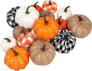 16 PCS Fall Pumpkins Decor Assorted Artificial Pumpkins Burlap Faux Foam Pumpkin for Harvest Autumn Season Halloween Thanksgiving Holiday Festive