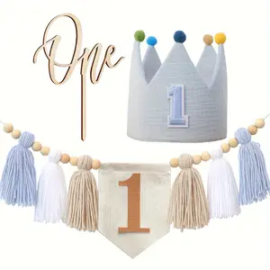 Handmade One Cake Flag First Birthday Cake Flag Decoration Colorful Blue Ball Hat Bohemian Blue Khaki Tassel Pull Flag Bedroom Decoration Birthday