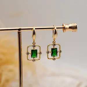 Emerald Green Gold Dangle Lace Earrings - Rectangle/Heart Emerald Dainty Gift